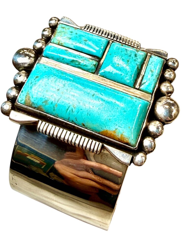 SS STAMPED LARGE CUFF TURQ T. MONE INLAY STYLE W/BEADED ACCENT