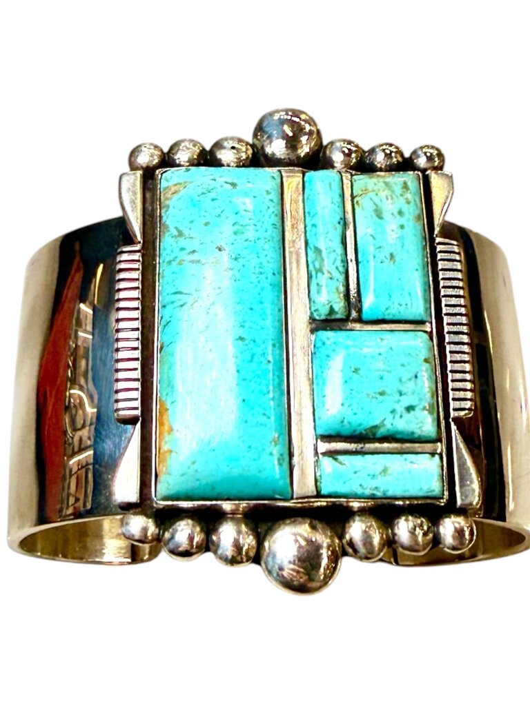 SS STAMPED LARGE CUFF TURQ T. MONE INLAY STYLE W/BEADED ACCENT