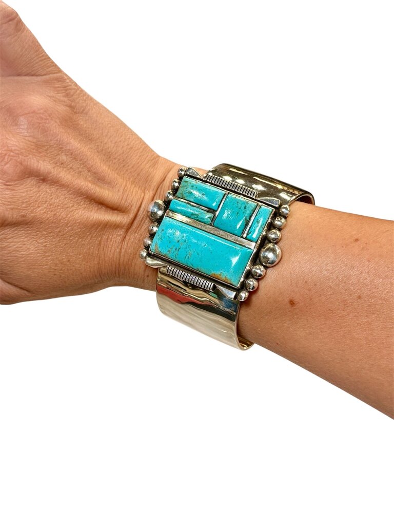 SS STAMPED LARGE CUFF TURQ T. MONE INLAY STYLE W/BEADED ACCENT