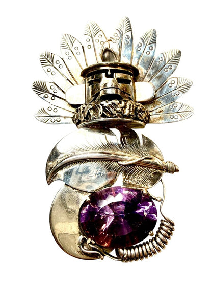 SS EDISON PIASO NAVAJO KACHINA W/FEATHERS & LG AMETHYST PENDANT
