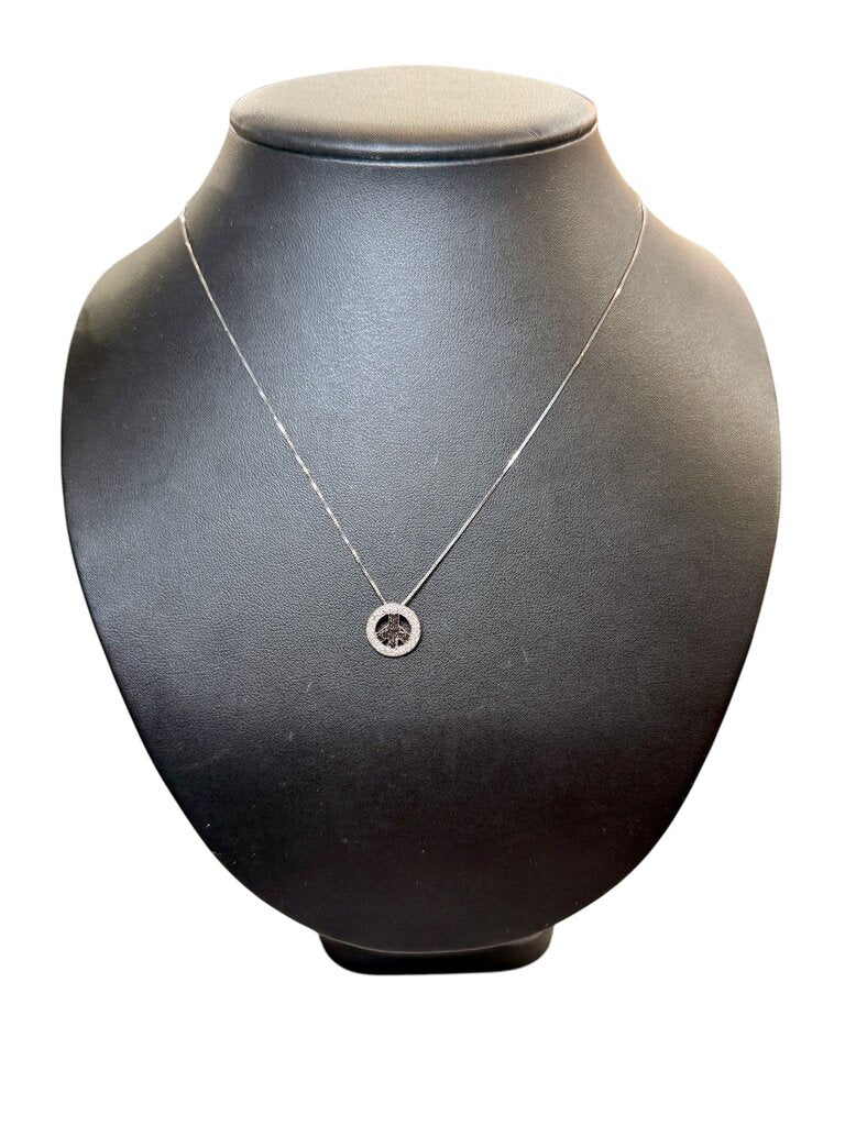14KT WG PEACE PENDANT W/WHT&BLK DIA PENDANT ON 18" CHIAN