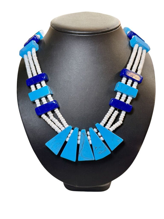 WHITE HEISHI MULTI STRAND BEADS LAPIS NECKLACE