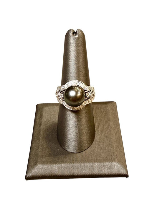 18KT WG TAHITIAN PEARL W/DIA HALO STYLE BAND SZ 7.5