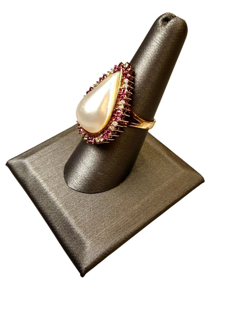 14KT YG MABE PEARL W/RUBY & DIA HALO RING SZ 7.5