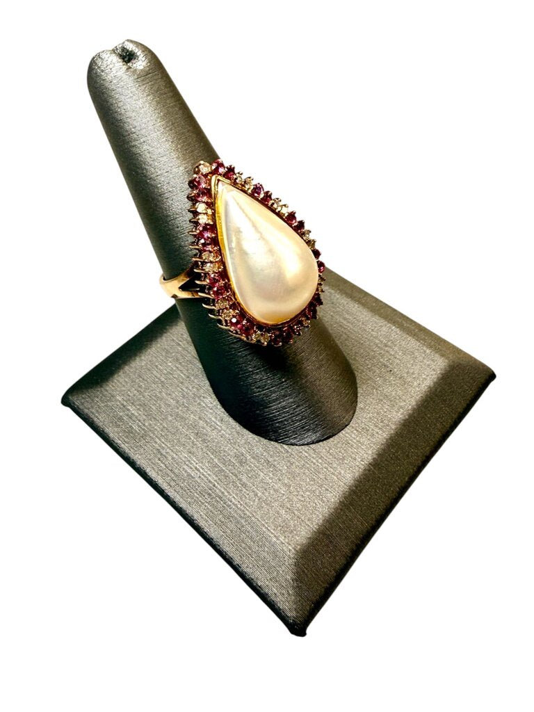 14KT YG MABE PEARL W/RUBY & DIA HALO RING SZ 7.5
