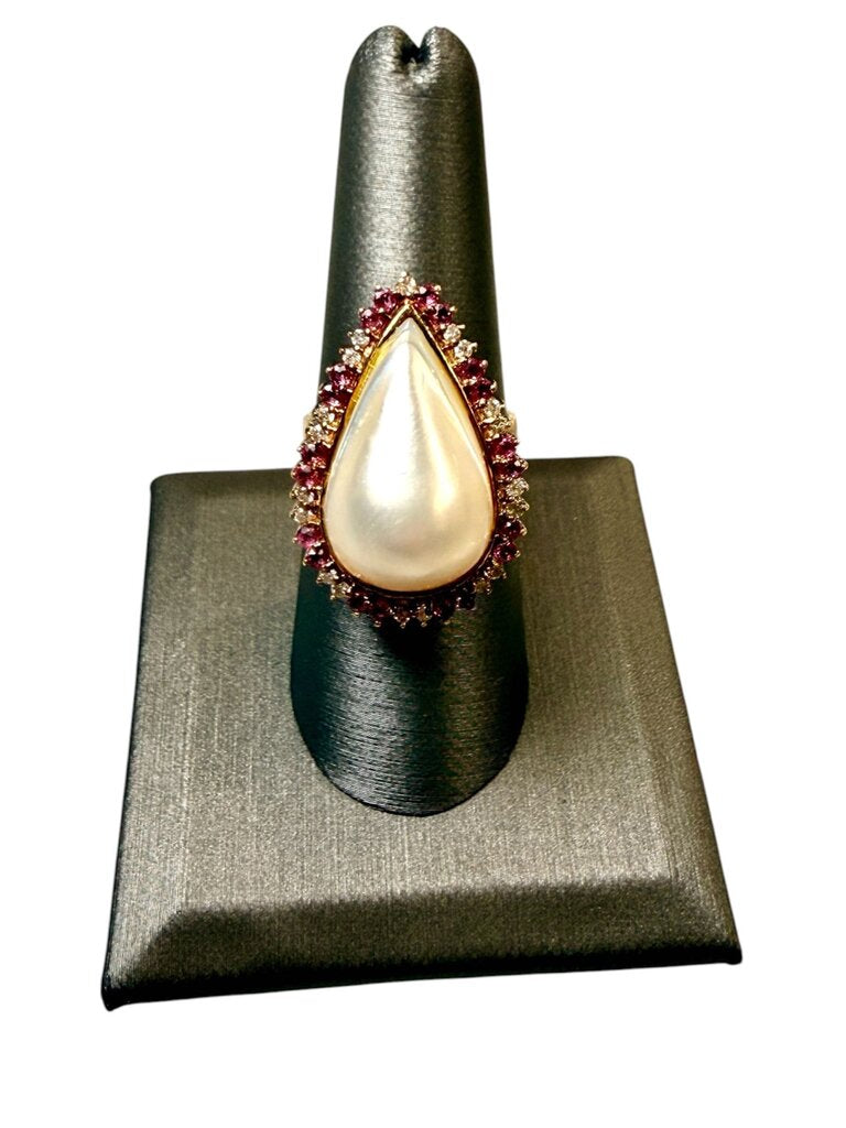 14KT YG MABE PEARL W/RUBY & DIA HALO RING SZ 7.5