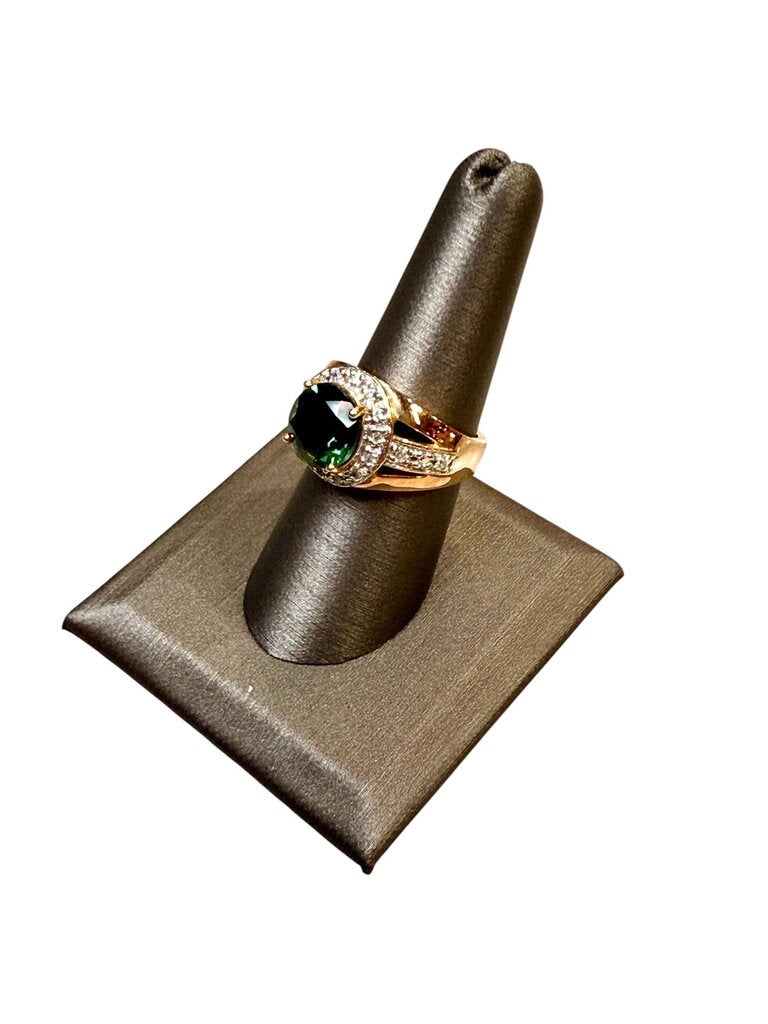 SS/GP GREEN CZ W/HALO STYLE RING SZ 8