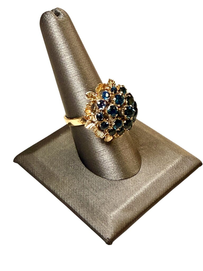 18KT YG THAI PRINCESS STYLE BLUE SAPPHIRE CLUSTER RING SZ 9