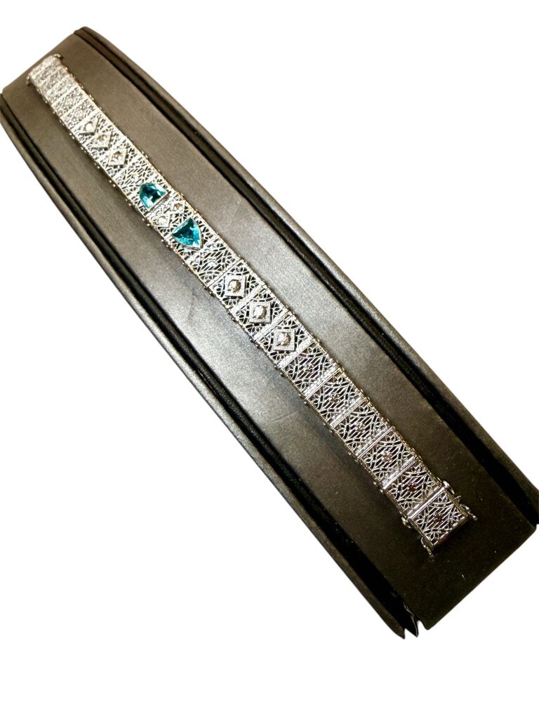 SS FILIGREE ART DECO BLUE TOPAZ BRACELET STAMPED MEXICO