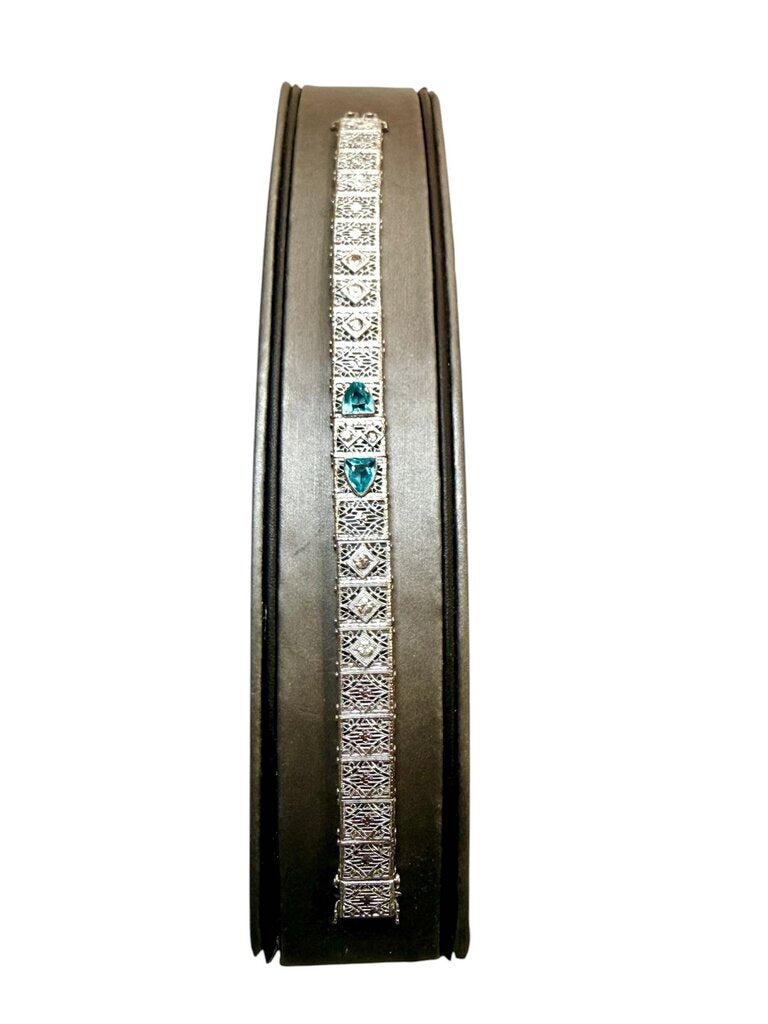 SS FILIGREE ART DECO BLUE TOPAZ BRACELET STAMPED MEXICO