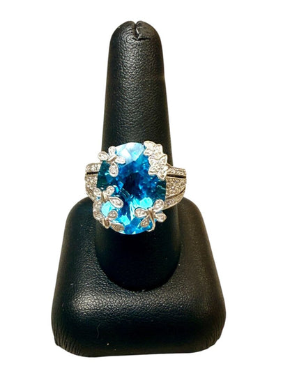 14KT WG LG OVAL BLUE TOPAZ W/DIAMONDS BUTTERFLY & STAR DESIGN RING SZ 9