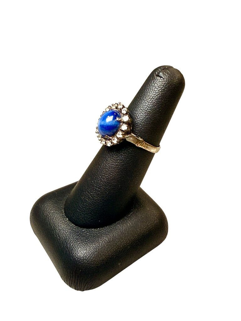 18KT WG CAB STAR SAPPHIRE RING W/HALO WHITE SAPPHIRES SZ 6