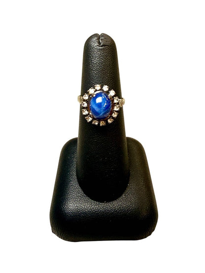 18KT WG CAB STAR SAPPHIRE RING W/HALO WHITE SAPPHIRES SZ 6