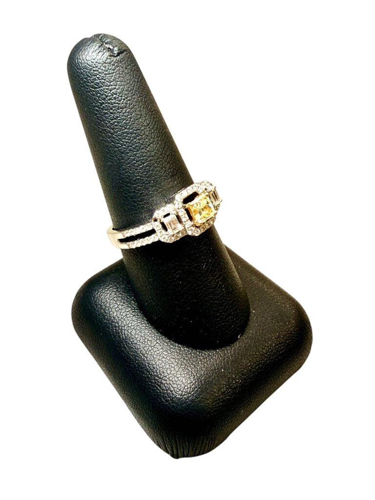18KT WG PPF STYLE 1/2CT CTR YELLOW DIAMOND W/SMALL EMERALD CUT W/RB HALO 1CTTW SZ 8.5