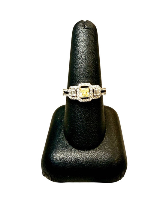 18KT WG PPF STYLE 1/2CT CTR YELLOW DIAMOND W/SMALL EMERALD CUT W/RB HALO 1CTTW SZ 8.5