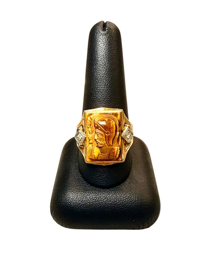 10KT YG LG DOUBLE TROJAN TIGERS EYE W/ 2 RB MELEE SZ 11